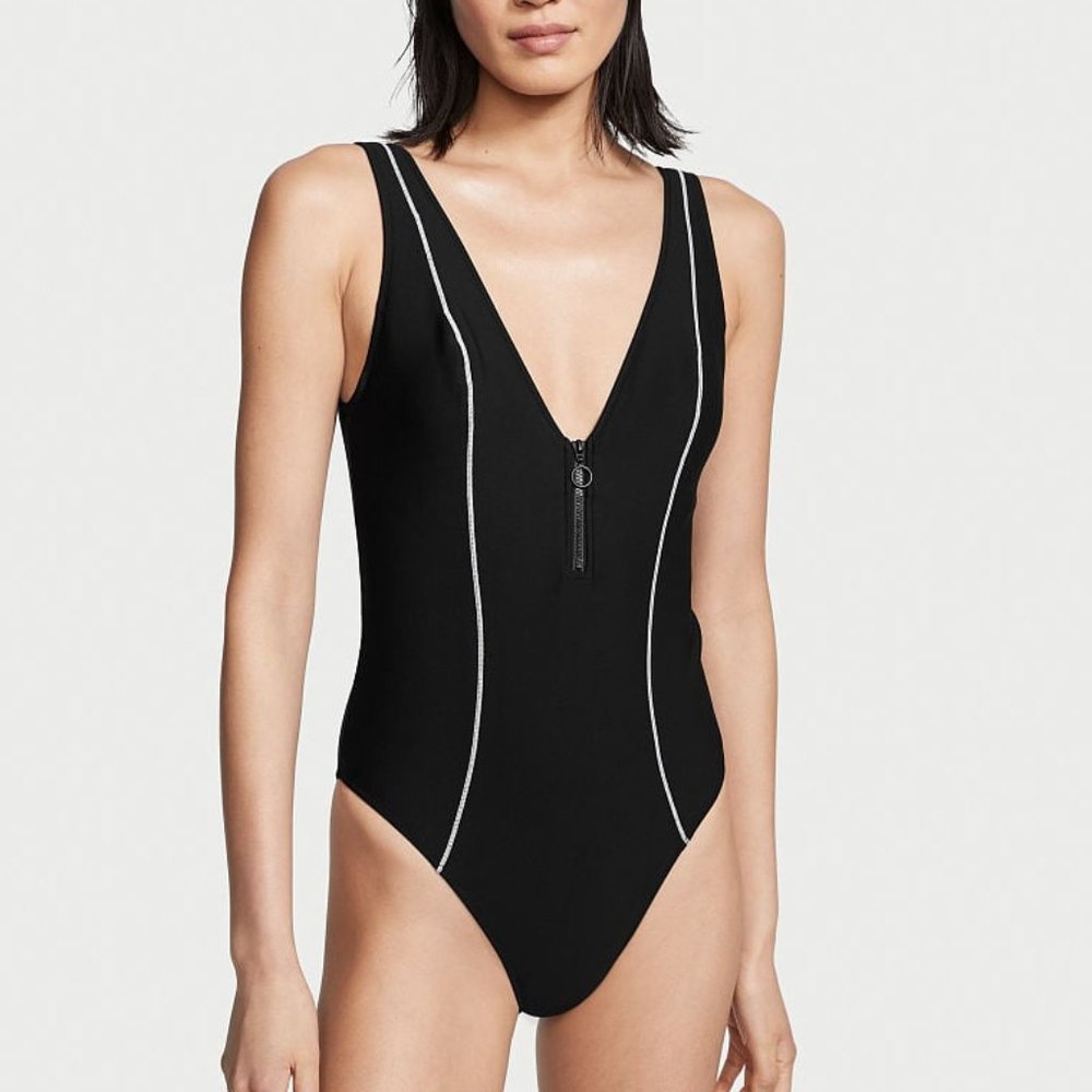 New VICTORIA'S SECRET SWIM Sexy Sport One-Piece Swimsuit Zip Up Black Large